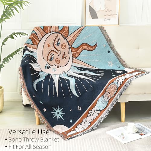 Throw Blanket for Couch, Throw for Bed, Quilt Tapestry, Retro Decor,51"×70" All Season Soft Rustic Blankets with Tassels for Sofa Chair, Drak and Sky Blue Brown Sun Pattern - color: Drak and Sky Blue Brown Sun Pattern, size: 51"×63"