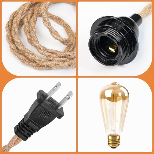 Plug in Pendant Light Rattan Hanging Lamp with 15 Ft Hemp Rope Cord, Wicker Hanging Lights with Bamboo Basket Lamp Shade,Dimmable Switch Woven Boho Plug in Ceiling Light for Living Room Bedroom