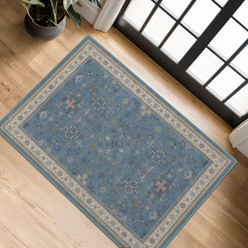 Blue 2x3 Washable Rug for Entryway Indoor, Kitchen Floor Waterproof, Bathroom, Powder Room, Non Slip Low Pile Stain & Fade Resistant, Modern Eclectic Floral Decor - color: Dusty Blue, size: 2' x 3' (Rectangular)