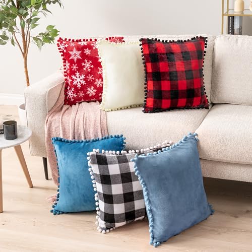 PAVILIA Dusty Blue Throw Pillow Covers with Pom Pom 18x18 Set of 2, Decorative Pillow Cases for Bedroom Aesthetic, Small Throw Pillows Set for Bed, Velvet Euro Plush Cushion Covers for Sofa Couch - color: Dusty Blue, size: 18" x 18" (Pack of 2)