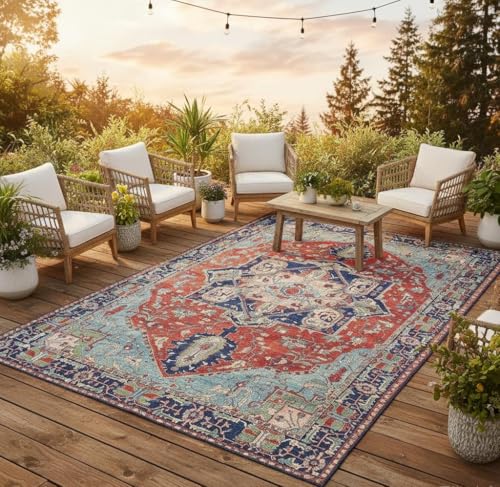 Vintage Tribal Distressed Thin Rug for Living Room Bedroom Diningroom Nursery Playroom Washable Carpet Oriental Boho Art Aesthetic Kitchen Office Hallway Indoor Outdoor Area Rugs 2x3 Blue Red - color: G, size: 2x3ft