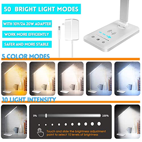 LED Desk Lamp with Wireless Charger, USB Charging Port, Desk Light with 10 Brightness, 5 Color Modes, Dimmable Eye Caring Reading Desk Lamps for Home Office, Touch Control, Auto Timer, White - color: White, size: PRO