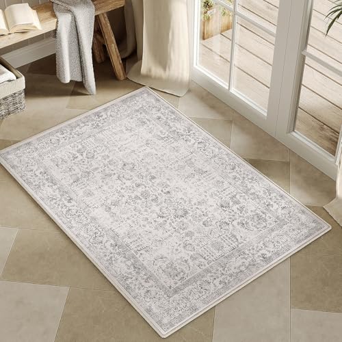PureCozy Gray Entryway Area Rug 2x3 Door Mat Machine Washable Kitchen Vintage Distressed Non Slip Carpet Indoor Grey Retro Floral Accent Throw Small Rug for Bathroom Office Bedroom Dining Living Room - color: Accent | Grey, size: 2' x 3' (Rectangular)