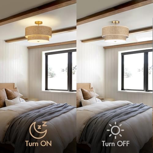 16 Inch Woven Rattan Linen Semi Flush Mount Ceiling Light Fixture, Modern Boho Drum Lamp for Bedroom, Kitchen, Dining Room, Living Room, Hallway, Entryway, Farmhouse Gold Wicker Chandelier - color: Brown