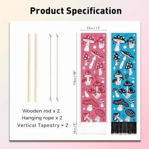 PLIGREAT 2 Pack Vertical Mushroom Wall Hanging, Pink and Blue Mushroom Wall Tapestry Aesthetic Mushroom Tapestry with Tassle Cute Narrow Art Tapestry for Bedroom Living Room Home Decor, 52" x 13" - color: blue,pink