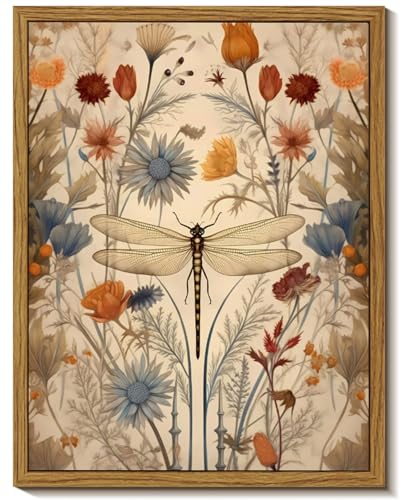 Framed Vintage Dragonfly Canvas Wall Art Picture Boho Natural Poster Prints Farmhouse Cottagecore Wall Decor for Living Room Bedroom 8x10in - color: Dragonfly, size: 10"L x 8"W