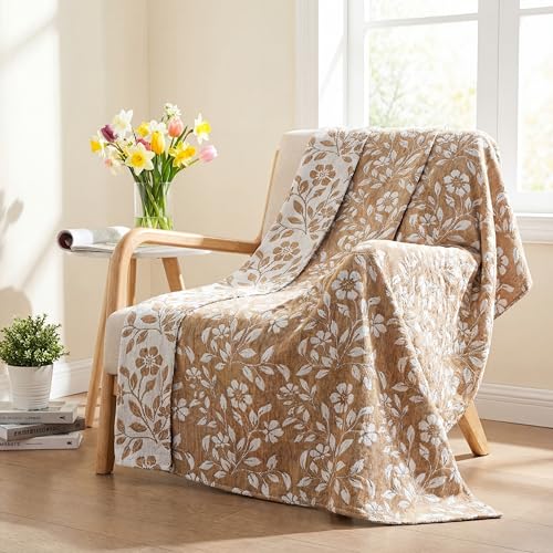 Floral Chenille Throw Blanket 50 x 60'' Farmhouse Vintage Boho Flower Blanket Soft Throw for Couch Bed Sofa Chair Living Room Outdoor Woven Decorative Home Gift(Brown)(Flower,Brown) - color: Brown, style: Flower