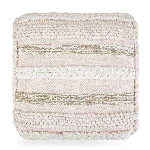 SIMPLIHOME Sommer Square Pouf - 18 inch Wide Upholstered Handloom Woven Cotton Ottoman in Natural, Boho-Style Footstool, Extra Seating or Accent Piece for Living Room or Bedroom, Assembled - color: Natural, style: Cotton Pouf