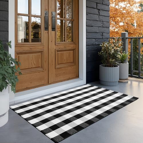 joybest Buffalo Plaid Rug 3 x 5 ft Black and White Checkered Area Rug Cotton Hand-Woven Indoor Outdoor Rugs Carpet for Patio, Living Room, Dining Room, Bedroom - size: 3' x 5' (Rectangular)