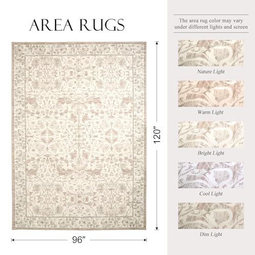 8x10 Area Rugs for Living Room, Washable Area Rug Beige Floral Printed, Non Slip Low Pile Neutral Rug, Vintage Boho Throw Rug, Stain Resistant Carpet for Bedroom Playroom Dining Room Office - color: Beige Floral, size: 8' x 10' (Rectangular)