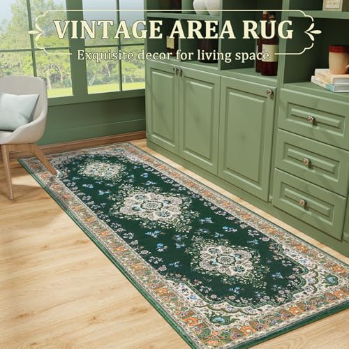 HOMORE Vintage Runner Rug-2x6 Runner Rug for Bedroom Non Slip Washable Hallway Runners Rugs for Kitchen Floor Carpet for Entryway Living Room Laundry Dorm Office, Green - color: Deep Green, size: 2' x 6' (Rectangular)