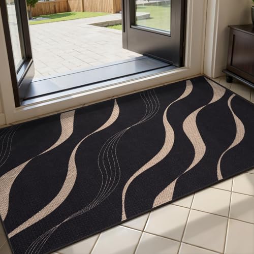 Tangsoo Easy Jute 2x4 Small Throw Rugs for Entry,Washable Thin Indoor Door Mat,Black Wavy Lines Non-Slip Floor Small Outdoor Carpet for Entryway Kitchen Hallway Bedroom Front Porch - color: Black Lines, size: 2x4ft