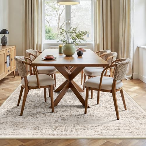5x7 Area Rugs, Washable Vintage Retro Floral Rug for Living Room, Low Pile Non Slip Distressed Large Carpet for Bedroom, Dining Room, Office, Home (Light Brown) - color: E-light Brown, size: 5' x 7' (Rectangular)