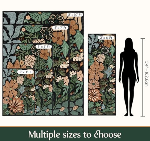 MUJOO Black 2x3 Washable Rug Floral Small Area Rugs for Entryway Kitchen Bathroom,Non Slip Throw Carpet for Bedroom Entrance Door Mat Boho Modern Abstract Vintage Botanical Flower - color: Black（vintage）, size: 2' x 3' (Rectangular)