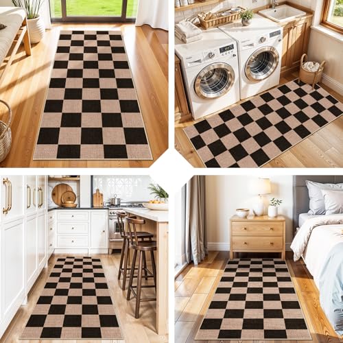 Easy Jute 2x5 Runner Rug: Non Slip Checkered Low Pile Indoor Doormat - Machine Washable for Entryway Kitchen Bathroom - Carpet for Dorms Small Spaces Ideal for Young Families First Home (Black,2x5) - color: Black, size: 2' x 5' (Rectangular)
