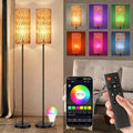 Ruiever 2 Pack Smart Floor Lamp for Living Room,Gaming - Remote, Timer Floor lamp with Remote, APP Control & RGB Standing lamp with Hand-Worked Rattan Shade Bluetooth Bulb Included - style: 2PACK Round Rattan-RGB Bulb