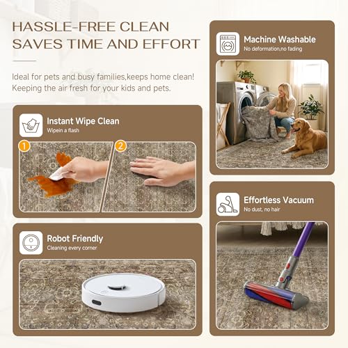 HUGEAR 5ft Round Rug Entryway Rugs Machine Washable Brown Hallway Area Rug 5x5 Small Circle Floral Low Pile Carpet Vacuumable Throw Rug Living Room Laundry Entrance Non Slip Soft Lightweight - color: Retro | Brown, size: 5' (Round)
