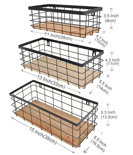 ShabbyDecor Metal Wire Basket Detachable Wood Base Storage Organizer Farmhouse Hanging Basket for Kitchen Cabinets, Bathroom, Pantry, Laundry Room Set of 3,Black Color - color: Black, size: Small&Medium&Large