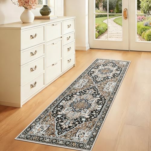 2x6 Black Boho Runner Rug - Washable Non-Slip Low Pile Hallway & Kitchen Rug - Stain Resistant Pet & Kids Friendly Carpet for Bedroom Side, Laundry, Bathroom, Foldable Long Floor Mat, Black Multi - color: Black & Multi, size: 2' x 6' (Runner)