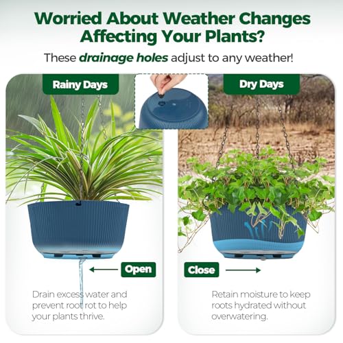 T4U 8 Inch Hanging Planters for Indoor Outdoor Plants, Self Watering Hanging Pot Pack of 2, Hanging Pots with Drainage Hole & Plug & Chain with 3 Hooks for Garden Home Decor, Blue - color: Blue, size: 8 inch