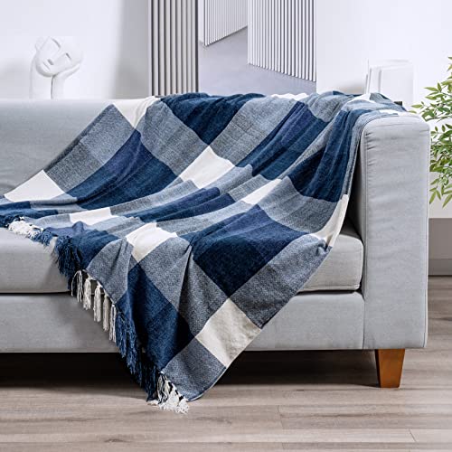 RECYCO Buffalo Paid Chenille Throw Blanket for Couch, Soft Cozy Decorative Buffalo Check Blanket Throw with Tassels for Bed Sofa, Lightweight Chenille Knitted Throw, Plaid Navy Off White, 50'' x 60'' - color: Plaid Navy Off White, size: 50'' X 60''
