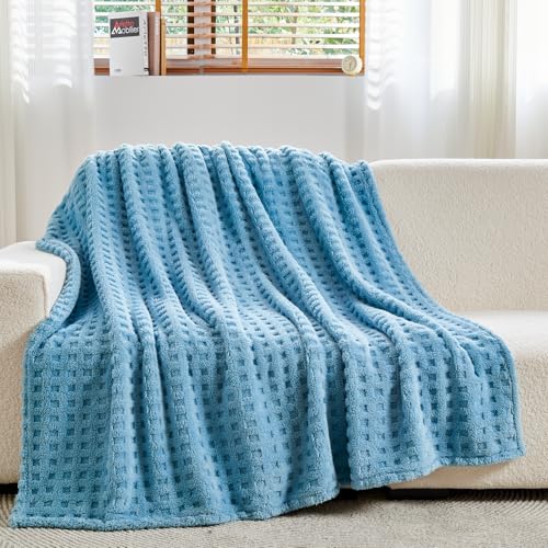NEWCOSPLAY Super Soft Throw Blanket Blue Premium Silky Flannel Fleece 3D Waffle Checkered Lightweight Bed Blanket All Season Use (Blue, Throw(50"x70")) - color: Blue, size: Throw(50"x70")
