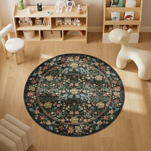 DUKINO Floral Washable Round Rug, 4ft Non Slip Vintage Area Rug for Bedroom, Soft Lightweight & Low Pile Design Small Floral Circle Carpet for Entryway, Kitchen, Nursery, Living Room, Black - color: Black, size: 4' (Round)