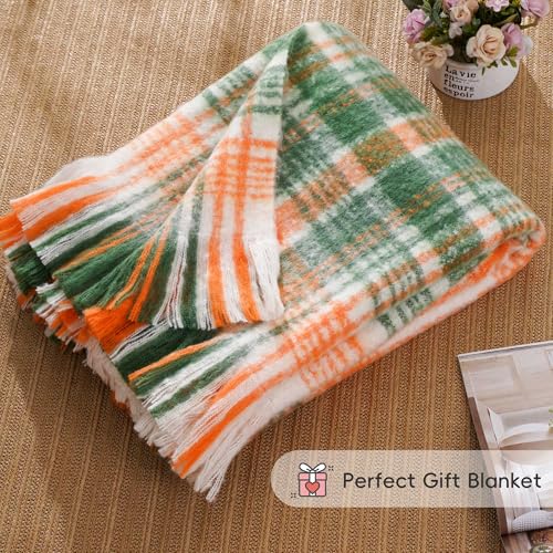Battilo Green Plaid Throw Blanket for Couch, Fall Mohair Tartan Plaid Blanket, Farmhouse Style Orange Throw Blankets for Home Decor(50"x60") - color: Green Orange Plaid