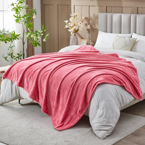 NEWCOSPLAY Super Soft Queen Blanket Coral Pink Premium Silky Flannel Fleece Leaves Pattern Lightweight Bed Blanket All Season Use (Coral Pink, Queen(90"x90")) - color: Coral Pink, size: Queen(90"x90")