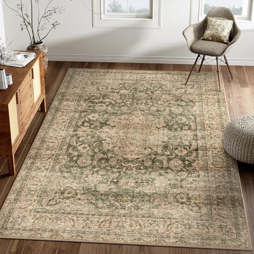 4x6 Washable Area Rug Green Brown Vintage Non Slip Soft Low Pile Rug for Entryway Kitchen Bathroom Distressed Oriental Throw Carpet for Living Room Bedroom Home Decor - color: Green/Brown, size: 4' x 6' (Rectangular)