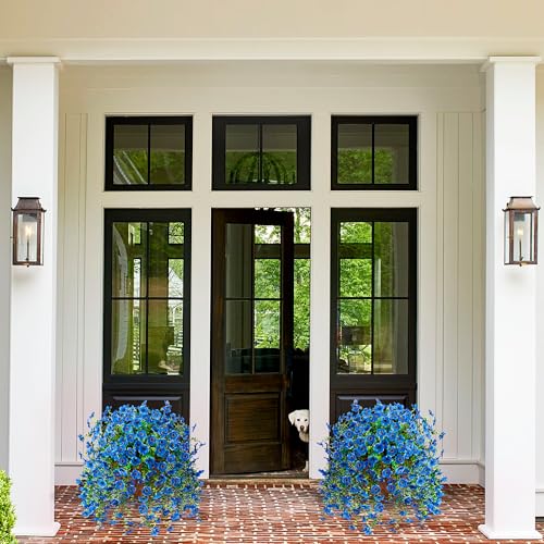 Artificial Fake Hanging Flowers Plants with Basket Spring Outdoor Decor,Faux Silk Flowers with Eucalyptus in Planter No Fade Flower in Basket for Farmhouse Home Garden Porch Patio Balcony(Blue) - color: Blue