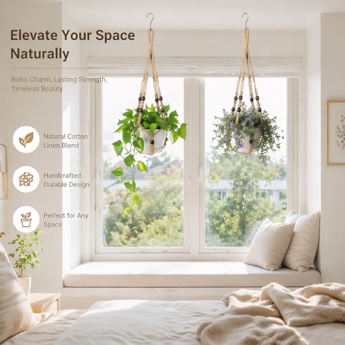 Macrame Plant Hanger 23", Set of 2 No Tassel Hanging Plant Holder Indoor, Sturdy Flower Pot Holder with Hooks - Brown (Pot NOT Included) - color: Brown, size: 23"-2pcs