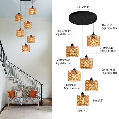 6-Light Coastal Chandelier Hand Woven Wicker Ceiling Lamp E26 Base Black Rustic Adjustable Long Staircase Hanging Lights for Farmhouse Kitchen Island, Boho Rattan Light Fixture - color: 6-Light