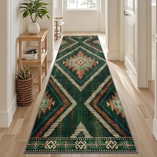 Boho 2.6x8ft Runner Rugs for Hallway Kitchen Non Slip, Long Green Geometric Washable Entryway Rug Runners Low Pile, Soft Vintage Indoor Floor Carpet for Doorway Bedroom Farmhouse Home Decor - color: Green, size: 2'7" x 8' (Rectangular)
