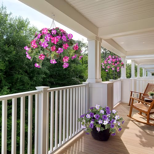 Ammyoo Artificial Hanging Fake Flowers with Basket Plants for Outdoor Decoration, Faux Silk Flower UV Resistant Morning Glory for Home Porch Patio Garden Balcony Yard Look Real (Fuchsia Lotus) - color: Fuchsia Lotus Basket, size: 3 Pcs with Basket