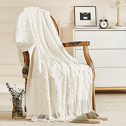 inhand Knitted Throw Blankets for Couch and Bed, Soft Cozy Knit Blanket with Tassel, Off White Lightweight Decorative Blankets and Throws, Farmhouse Warm Woven Blanket for Men and Women, 60"x80" - color: A(off White), size: 60"x80"