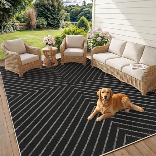 Garvee Striped Easy Jute Rug 8x10, Farmhouse Dining Room Rug Indoor Outdoor Carpet for Patio Living Room, Nature Non Slip Non Shedding Floor Carpet for Deck Sunroom Mudroom 8'x10' - color: Striped|black, size: 8' x 10' (Rectangular)