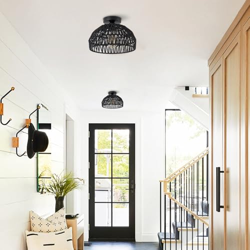 Black Rattan Ceiling Light Fixtures Boho Chandelier Small Woven Flush Ceiling Mount Lighting Fixture Close to Ceiling Light for Bedroom Kitchen Entryway Nursery Lights Hallway - color: Black