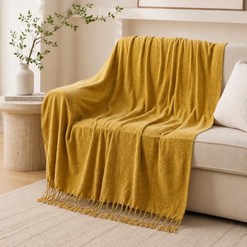 BATTILO HOME Mustard Yellow Chenille Throw Blanket for Couch, Soft Cozy Textured Knit Throw Blanket with Handmade Fringe Tassels, Lightweight Decorative Farmhouse Blanket for Sofa Bed Chair, 50"x60" - color: Mustard