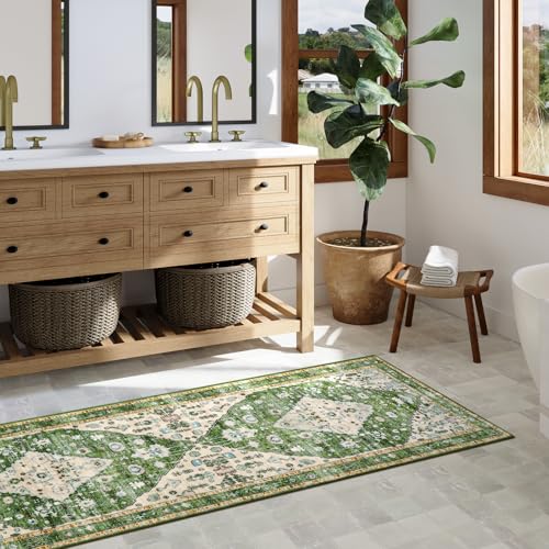 Lahome Felice Boho Tribal Rug - 2x6 Green Bathroom Rug Runner Laundry Room Mat, Vintage Soft Washable Non Slip Accent Carpet for Kitchen Living Room Kitchen Sink Bathroom Doorway - color: Green, size: 2' x 6' (Runner)