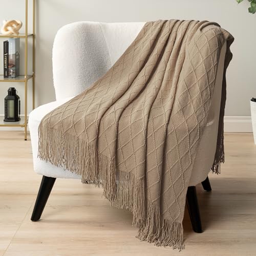 PAVILIA Tan Taupe Knit Throw Blanket for Couch Bed, Soft Knitted Farmhouse Sofa Throw for Living Room, Lightweight Decorative Fall Throw Blanket for Chair, Outdoor Textured Boho Blanket, 50x60 - color: Tan Taupe, size: 50 X 60 Inches - Throw