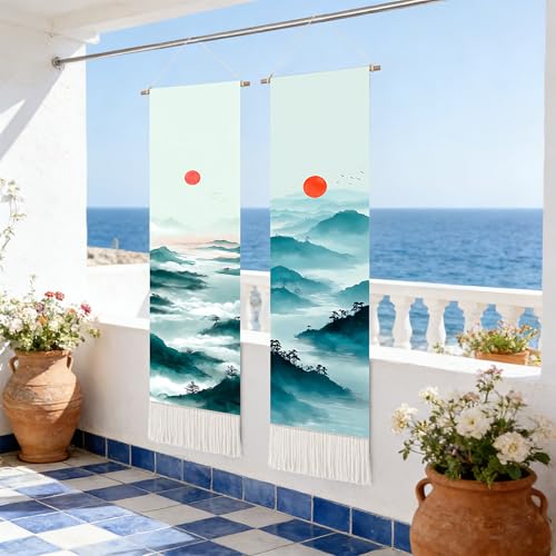 seewan 2 Pack Long Vertical Wall Tapestry, Boho Nature Landscape & Floral Aesthetic Wall Hanging for Bedroom Living Room Home Decor, Long Narrow Art Tapestry with Sunrise Mountain Botanical Designs, 13" × 51" (Blue Ridge Sunrise, 13"Wx51"H, Unframed) - co