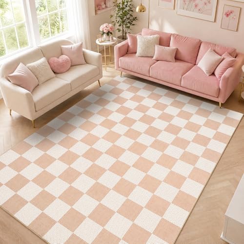 GarveeHome Checkered Blush Beige Neutral Nursery Kids Playroom 5x7 Washable Rug Colorful Geometric Modern Soft Low-Pile Stain Resistant Rug for Bedroom Living Room Entryway Non-Slip TPE Backing - color: Blush Beige, size: 5' x 7' (Rectangular)
