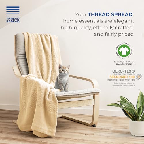 THREAD SPREAD Organic GOTS Certified Cotton Blanket, Twin/Twin XL - 350 GSM, Antistatic, Fuzzy Soft, Lightweight, Sofa, Camping & Travel, All-Season Herringbone Throw, Biege + Stylish Bonus Tote Bag - color: Herringbone - Beige, size: Twin / Twin XL