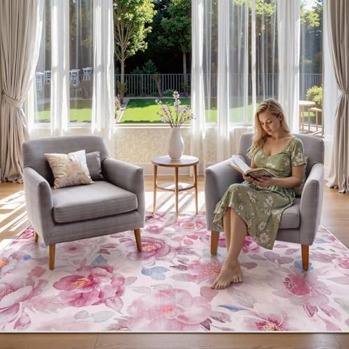 Lahome Floral 3x5 Area Rug for Bedroom, Non-Slip Entry Way Rugs Indoor Ulta-Thin Washable Stain Resistant Boho Throw Rugs for Bathroom Bedroom Vanity（3x5,Pink - color: Pink/Camellia, size: 3' X 5'(rectangular)