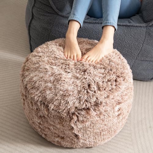 HIGOGOGO Round Stuffed Pouf Ottoman, Long Faux Fur Poufs with Foam Chunk Filling, Fluffy and Furry Pouf Foot Stool Storage Ottoman, 20 X 15 Floor Poufs Foot Rest for Living Room, Snow Coffee - color: Brown, size: 20"D x 20"W x 15"H