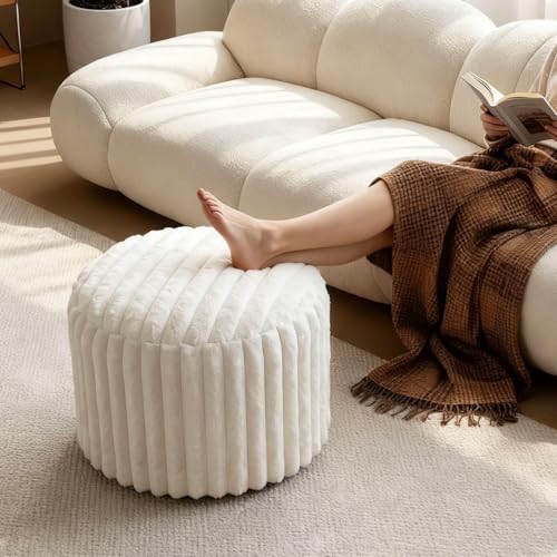 Round Stuffed Pouf Ottoman, Stripe Faux Fur Footrest, Solid Block Support+Soft Cushion Comfort, Removable Washable Cover, 20" Floor Pouf for Living Room Bedroom Dorm Vanity, Cream Beige - color: Cream White
