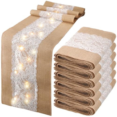 Xinnun 6 Pack Burlap Table Runner with Warm LED Lights,Rustic Lace Wedding Table Decor,Boho Farmhouse Jute Runner for Reception Bridal Shower Party(Modern,12x70 Inches) - size: 12x70 Inches, style: Classic