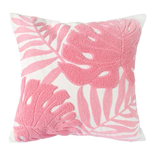 Embroidery Throw Pillow Cover 18x18 Home Decor Floor Pillow Cover for Couch Sofa Chair 100% Cotton Loop Embroidered Pink Tropical Leaves Cushion Cover Square Pillowcase 45x45cm, 1 Piece - color: Loop Pink