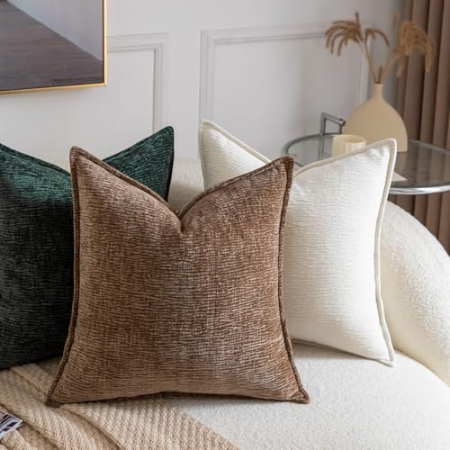 MADIZZ Pack of 2 Decorative Throw Pillow Covers Soft Chenille Throw Pillows Solid Textured Cushion Covers for Couch Sofa Bedroom Living Room 20x20 Inch, Brown - color: Brown, size: 20" x 20" (Pack of 2)